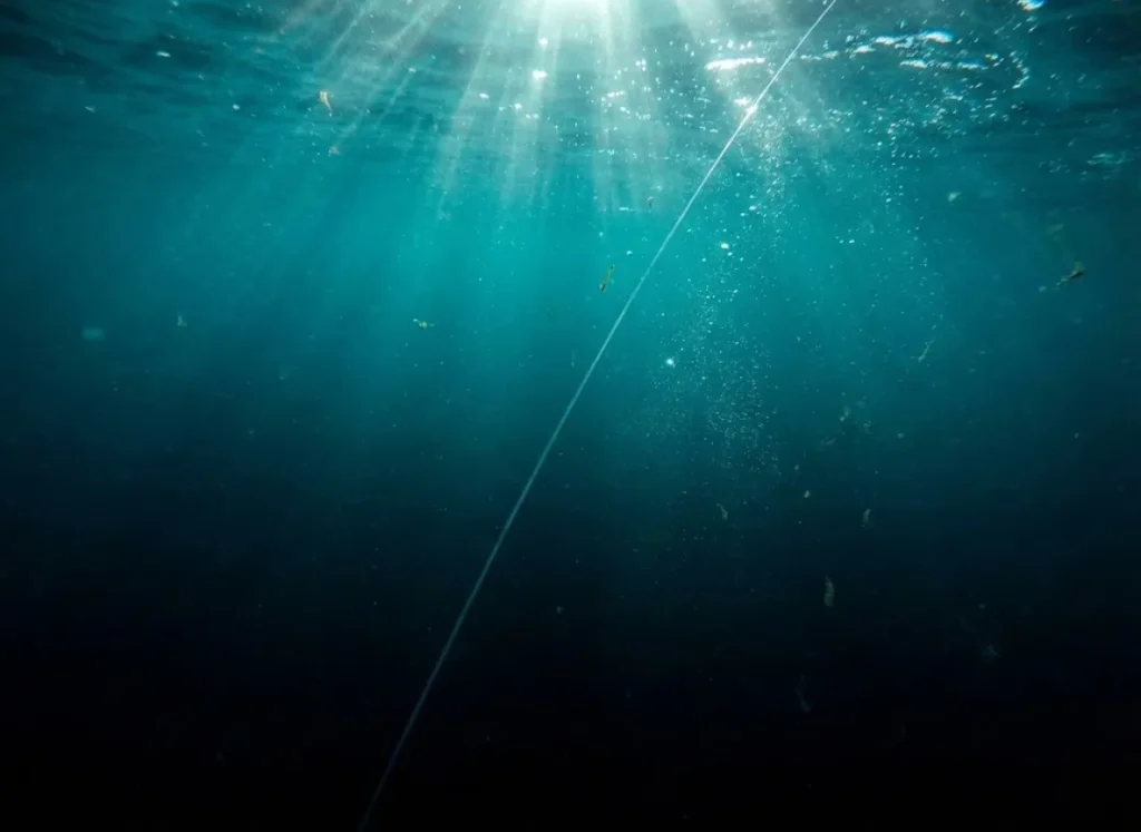 Underwater view looking up at the surface with a fishing line descending into deep, dark water.