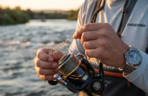 Removing Line Memory Coils: Field & Home Fixes Angler fixing coiled fishing line memory on a Shimano Stella spinning reel while wearing a Patagonia shirt.