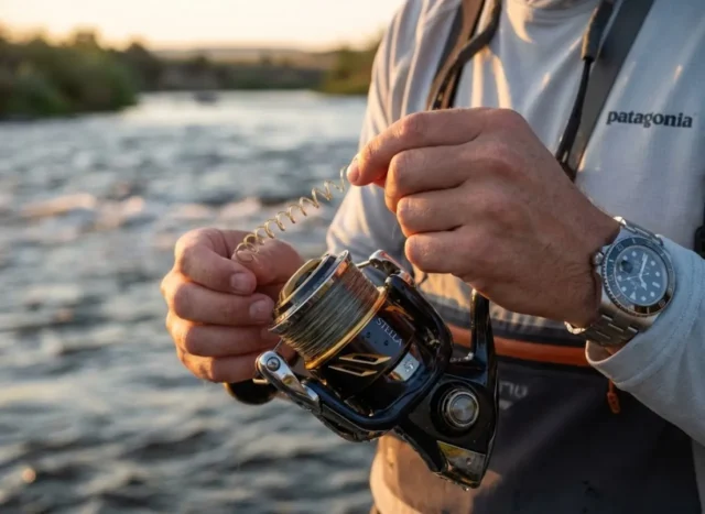 removing-fishing-line-memory-coils Angler fixing coiled fishing line memory on a Shimano Stella spinning reel while wearing a Patagonia shirt.