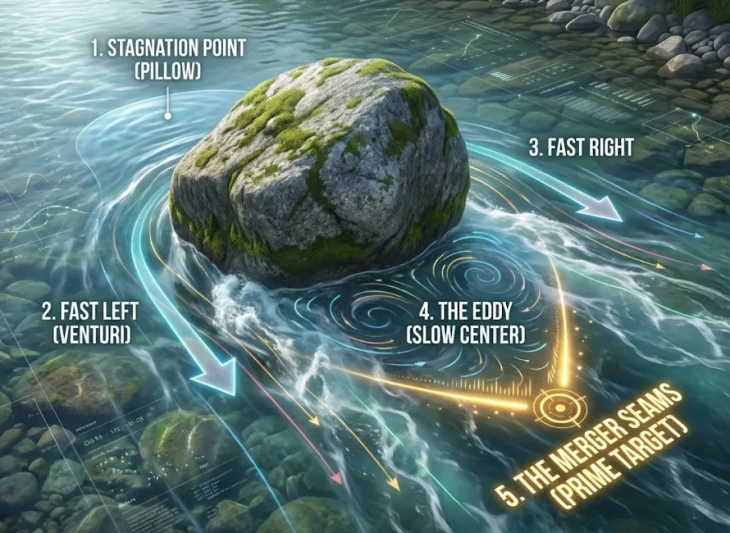 A technical semantic infographic illustrating the hydraulic signature of a midstream boulder. It visualizes five zones: the upstream "Stagnation Point (Pillow)," accelerated "Fast Left" and "Fast Right" channels, the downstream recirculating "Eddy (Slow Center)," and the highlighted V-shaped "Merger Seams" labeled as the "Prime Target" for fishing.