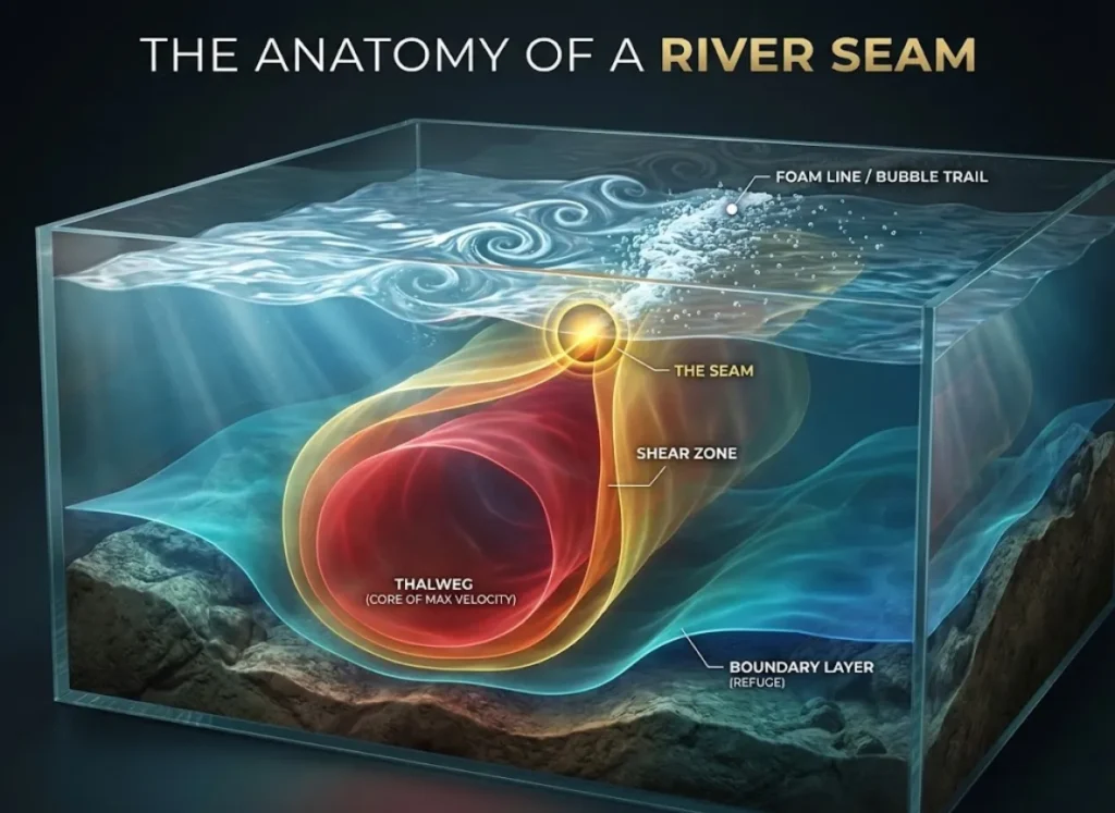 A technical 3D cross-section of a river channel illustrating hydrodynamics. It features a color-coded velocity gradient (isovels) from red (fast Thalweg) to blue (slow boundary layer), highlighting the "Seam" shear zone with surface vortices and foam lines.