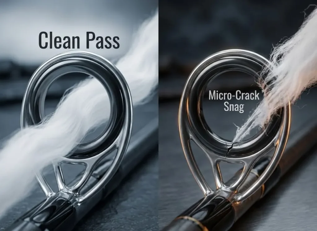 A split-screen macro infographic showing the "Cotton Ball Test" for fishing rods. The left side shows a pristine ceramic guide with cotton passing through smoothly. The right side shows a cracked guide snagging and tearing the cotton fibers.