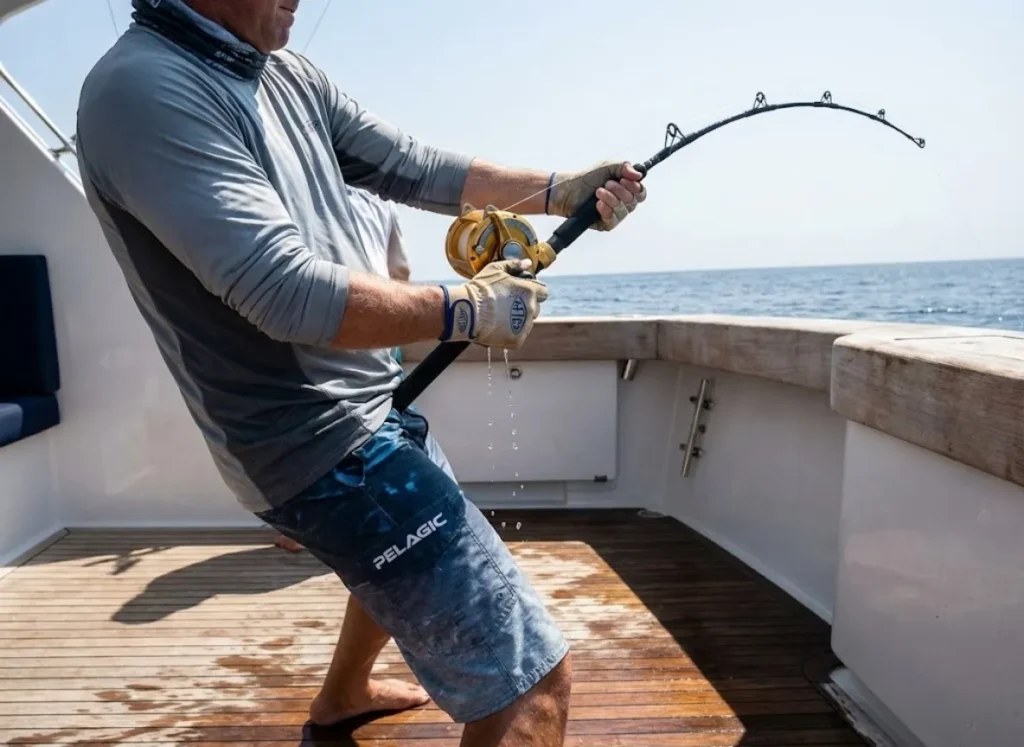 Angler using a short Calstar stand-up rod and Penn International reel to fight a fish with Pelagic gear.