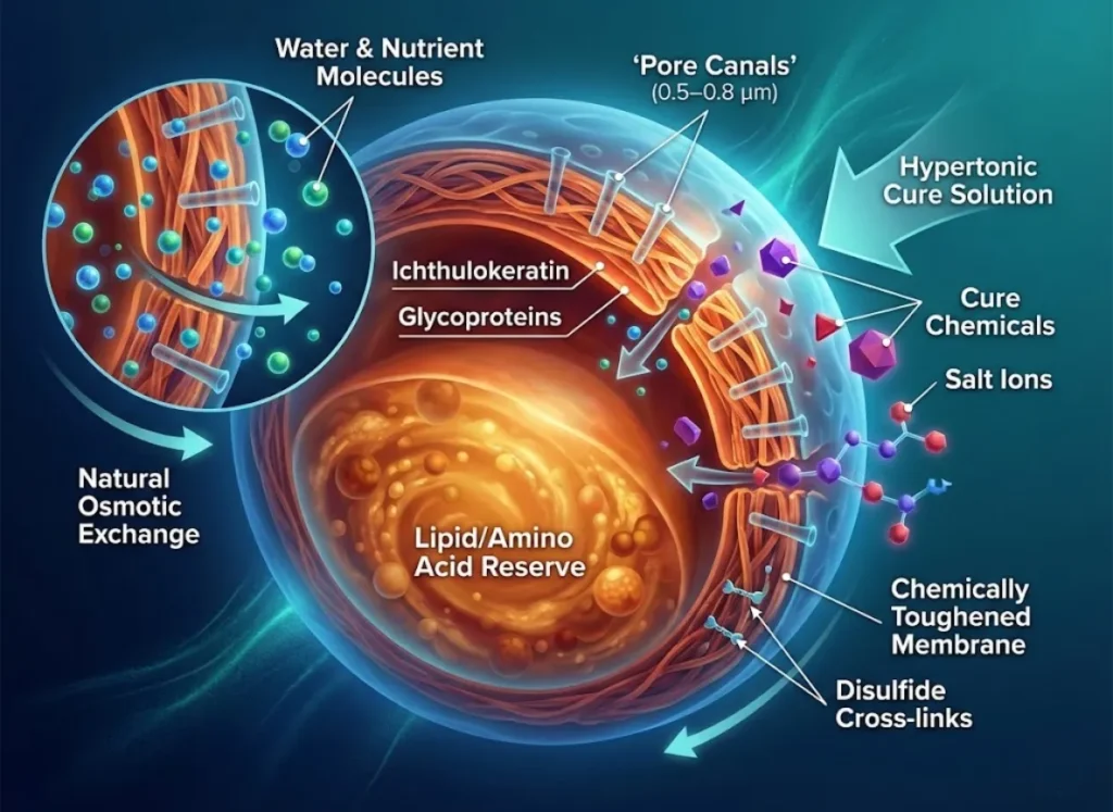 A scientific infographic illustrating the cross-section of a salmon egg's chorion membrane, showing its layers, pore canals, and the process of diffusion regulation.