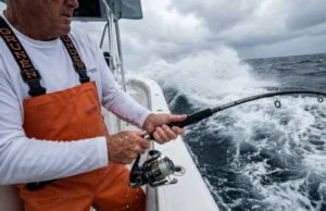 Saltwater Corrosion Prevention: Rod & Reel Care Angler in Grundéns bibs holding a Shimano Stella reel while getting hit by ocean spray.