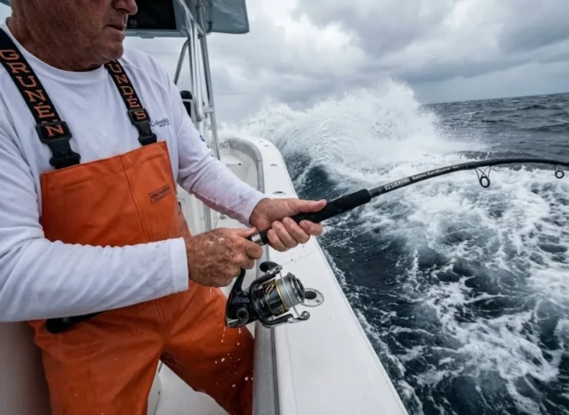 saltwater-corrosion-prevention-rod-reel-care Angler in Grundéns bibs holding a Shimano Stella reel while getting hit by ocean spray.