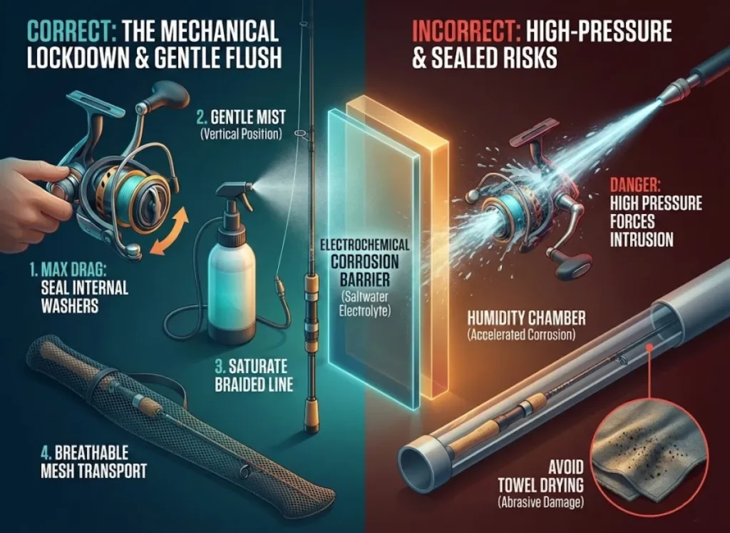 A detailed split-screen infographic comparing correct and incorrect methods for preventing saltwater intrusion in fishing reels. The left side, in cool blues and greens, shows tightening drag and gentle mist rinsing. The right side, in alarming reds and oranges, warns against high-pressure washing and sealed transport.