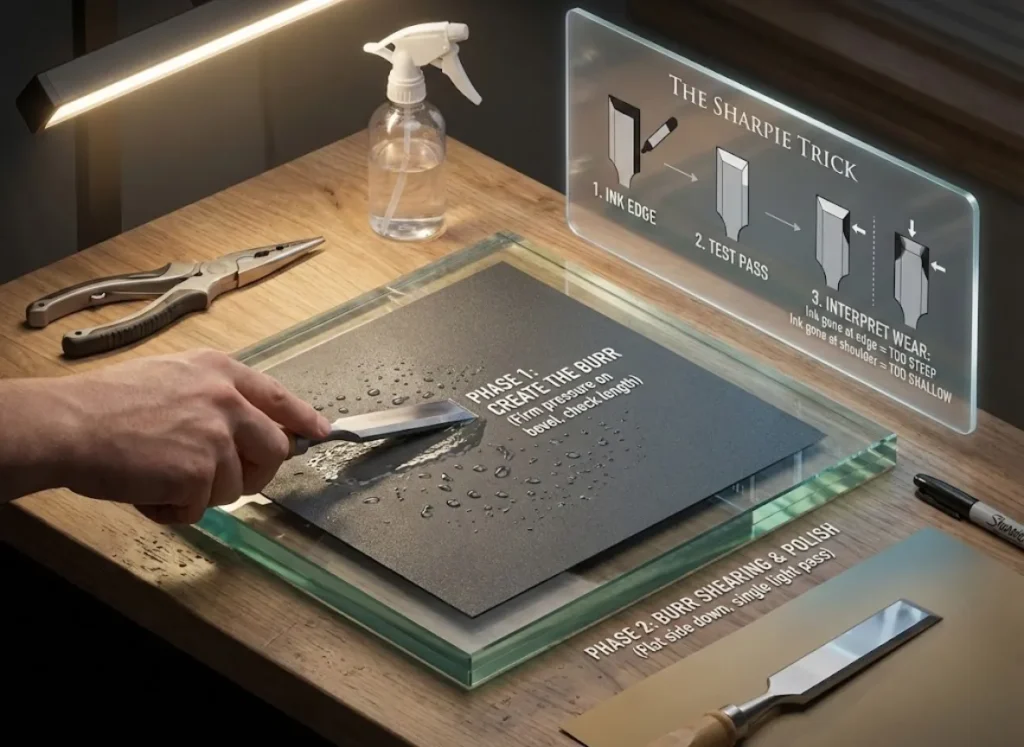 A detailed isometric infographic illustrating the "Sandpaper on Glass" blade sharpening method. Central action shows a blade on abrasive paper adhered to glass, creating a burr. An integrated floating panel titled "THE SHARPIE TRICK" demonstrates ink wear patterns to gauge angle. Steps for polishing and burr removal are also visualized with text labels. The style is a blend of photorealistic textures and clean vector graphics on a workbench setting.