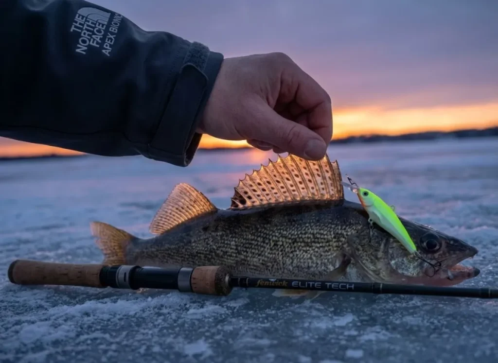 Close up of Saugeye dorsal fin held by angler in North Face jacket with Rapala lure visible.