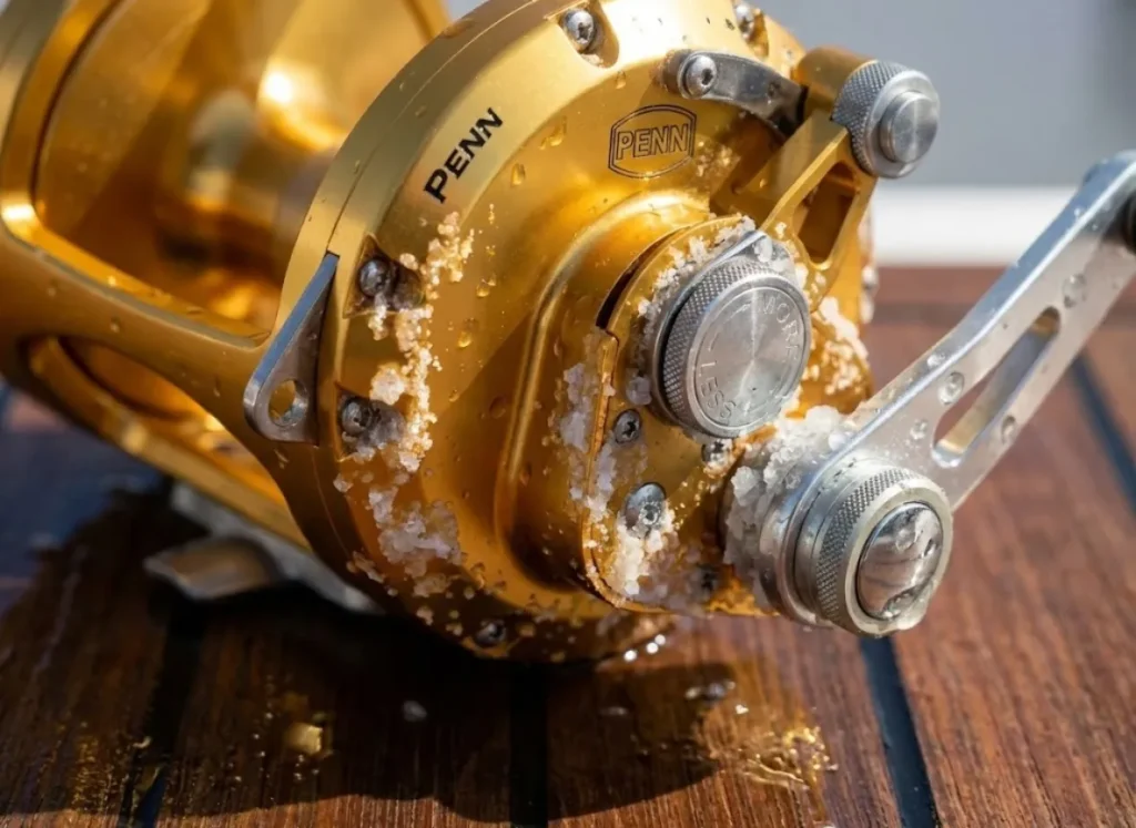 Close up of salt crystals forming on a Penn International gold reel on a wet teak deck.