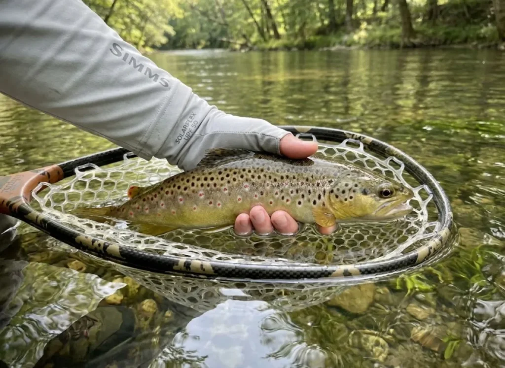 Releasing a brown trout from a Fishpond Nomad net demonstrating catch and release conservation.
