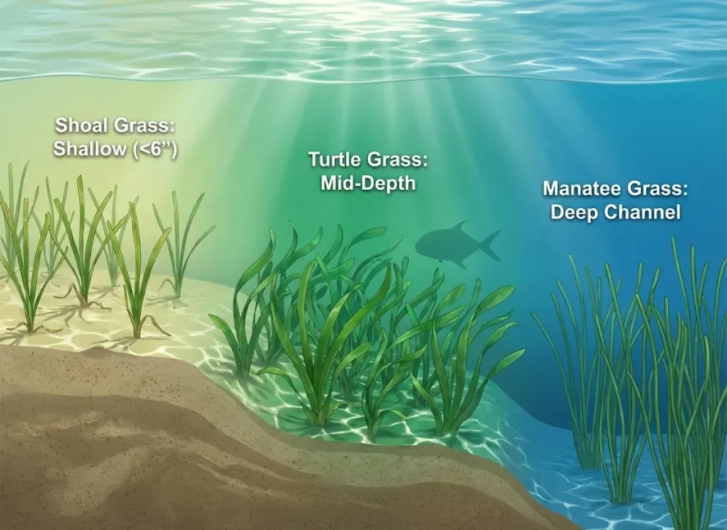 A high-definition split-level cross-section illustration of a saltwater lagoon floor, displaying three distinct zones of seagrass (Shoal, Turtle, and Manatee) corresponding to increasing water depths, with stylized text labels for navigation safety.
