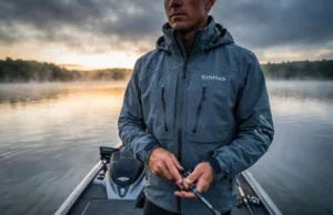 Select Carbon Fiber Modulus Fishing Rods by Species A professional angler casting a high-modulus carbon fiber rod at sunrise, wearing technical Simms fishing gear on a misty lake.