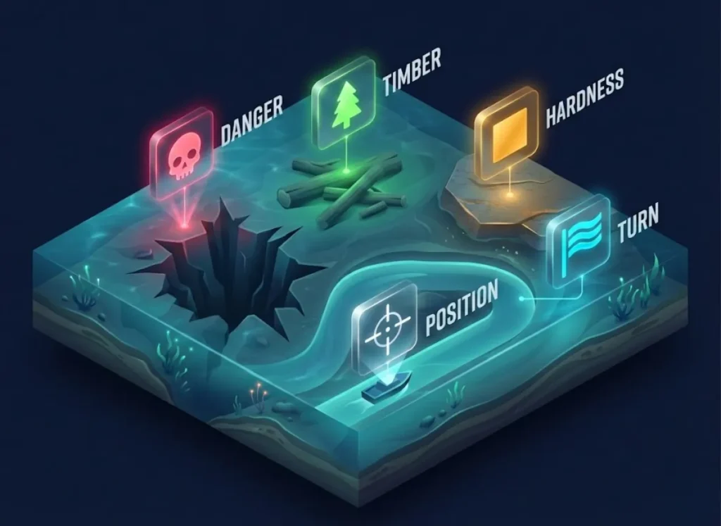 A high-fidelity, isometric 3D infographic illustrating a marine GPS semantic icon system. Glowing floating icons (Skull, Tree, Square, Flag, Target) hover over stylized underwater terrain, clearly labeled with their meanings in a sleek, dark-mode interface style.