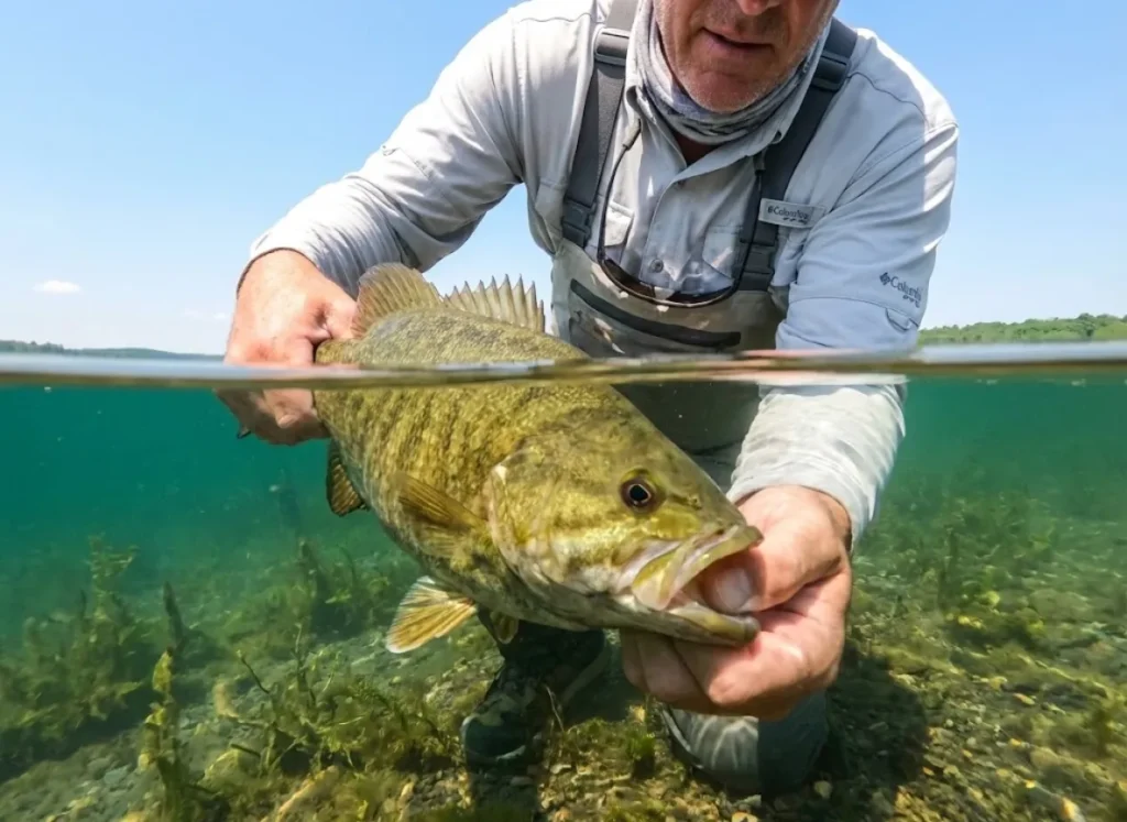 Underwater split shot of a Smallmouth bass release showing a clean hook puncture near a Columbia PFG sleeve.