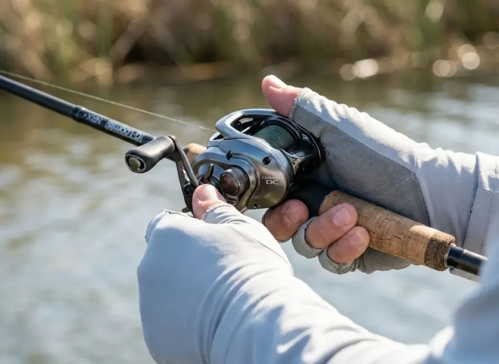 Close up of an angler's hands in Simms gloves holding a bent G. Loomis rod and Shimano Curado reel.