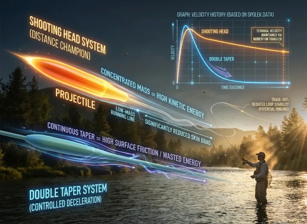 A sophisticated semantic infographic illustrating the physics of fly casting distance. The main visual compares a Shooting Head fly line (concentrated mass, thin running line, low drag) against a Double Taper line (continuous mass, high friction). A holographic line graph inset titled "VELOCITY HISTORY (SPOLEK DATA)" shows the Shooting Head maintaining speed while the Double Taper decelerates rapidly.