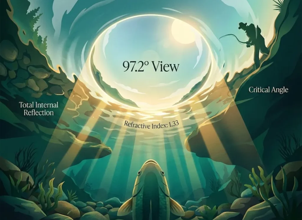 A sophisticated editorial-style diagram showing the physics of Snell's Window from an underwater perspective. The image illustrates a fish's POV looking up at a 97.2-degree cone of light where the sky is visible, surrounded by a mirrored surface caused by total internal reflection.