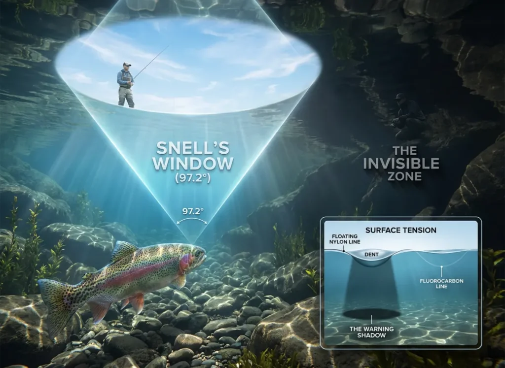 A premium scientific infographic from an underwater perspective showing a trout's 97.2-degree Snell's Window, illustrating how total internal reflection hides a crouching angler while a standing angler remains visible within the light cone.