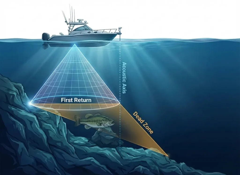 A cross-sectional infographic illustrating the "First Return" sonar principle. A boat floats over a steep underwater slope. A sonar cone highlights the "Dead Zone" wedge where a fish is hiding, showing how the beam hits the high point of the slope before the deeper water directly below.