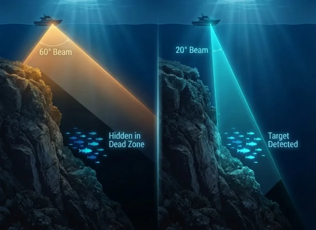 A split-screen 3D underwater cross-section diagram showing a fishing boat over a steep rocky slope. The left side visualizes a wide 60-degree sonar beam creating a large "Dead Zone" where fish are hidden. The right side shows a narrow 20-degree beam penetrating deeper with a smaller dead zone, revealing the fish.