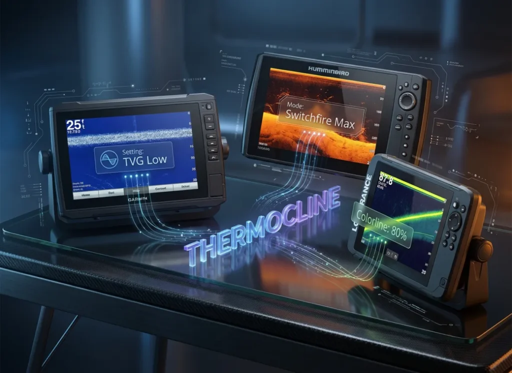 A technical infographic displaying three fish finder screens (Garmin, Humminbird, Lowrance) comparing how to visualize the thermocline through manual sensitivity adjustments and noise filter overrides to identify water stratification.