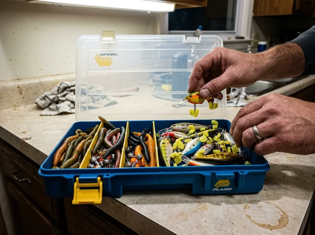 Open tackle box sorting soft lures for carry-on and treble-hook lures for the checked bag
