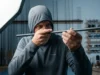 Spine vs. Straightest: Fishing Rod Spine Finder Mechanics A professional rod builder sighting down a graphite rod blank in a high-end workshop, wearing Simms technical apparel, checking for straightness and spine alignment.