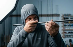 Spine vs. Straightest: Fishing Rod Spine Finder Mechanics A professional rod builder sighting down a graphite rod blank in a high-end workshop, wearing Simms technical apparel, checking for straightness and spine alignment.