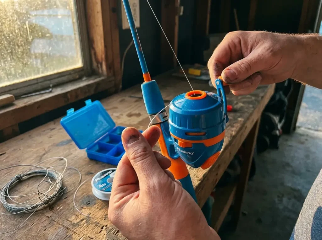 Parent spooling fresh line onto a kids push-button reel at home before a fishing trip