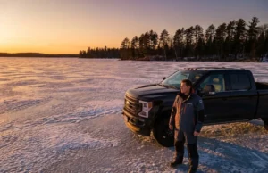 Static Load Bearing: Ice Thickness Safety Physics A professional angler in Simms gear standing next to a truck on a frozen lake at sunset, illustrating ice thickness safety.
