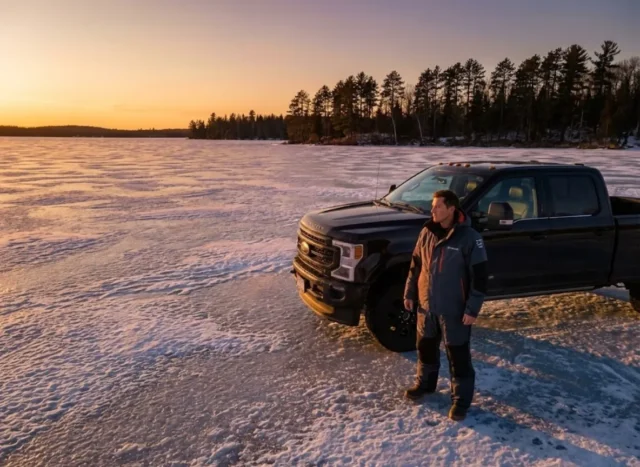 static-load-bearing-ice-safety A professional angler in Simms gear standing next to a truck on a frozen lake at sunset, illustrating ice thickness safety.