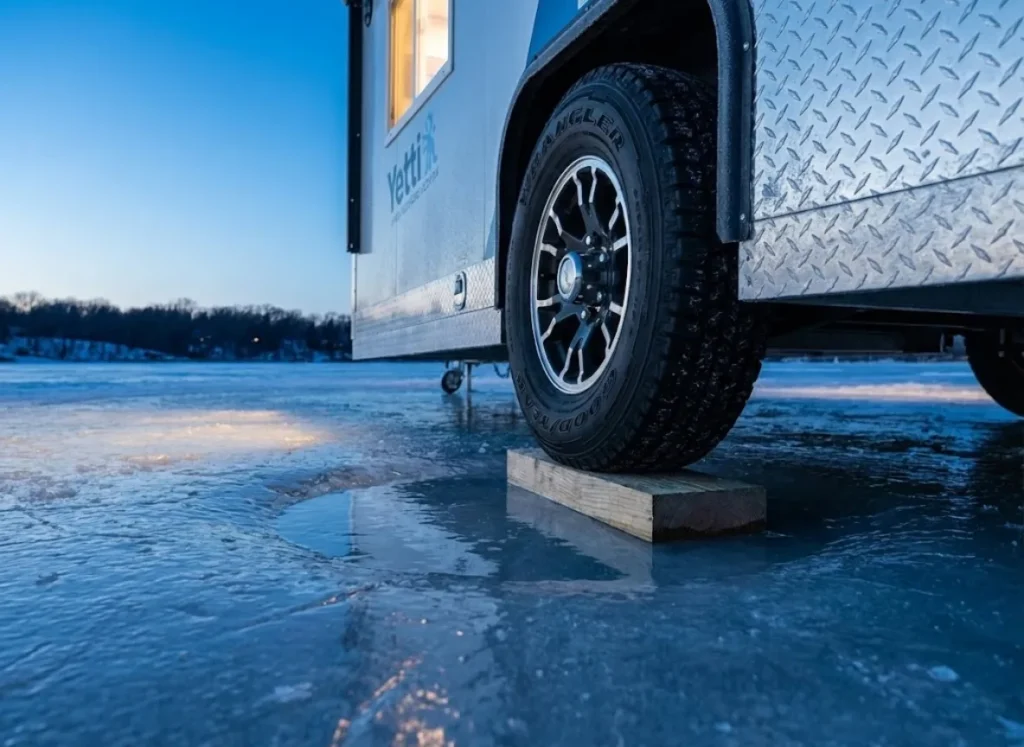A Yetti fish house wheel blocked up on ice, showing water pooling in the deflection bowl due to viscoelastic creep.