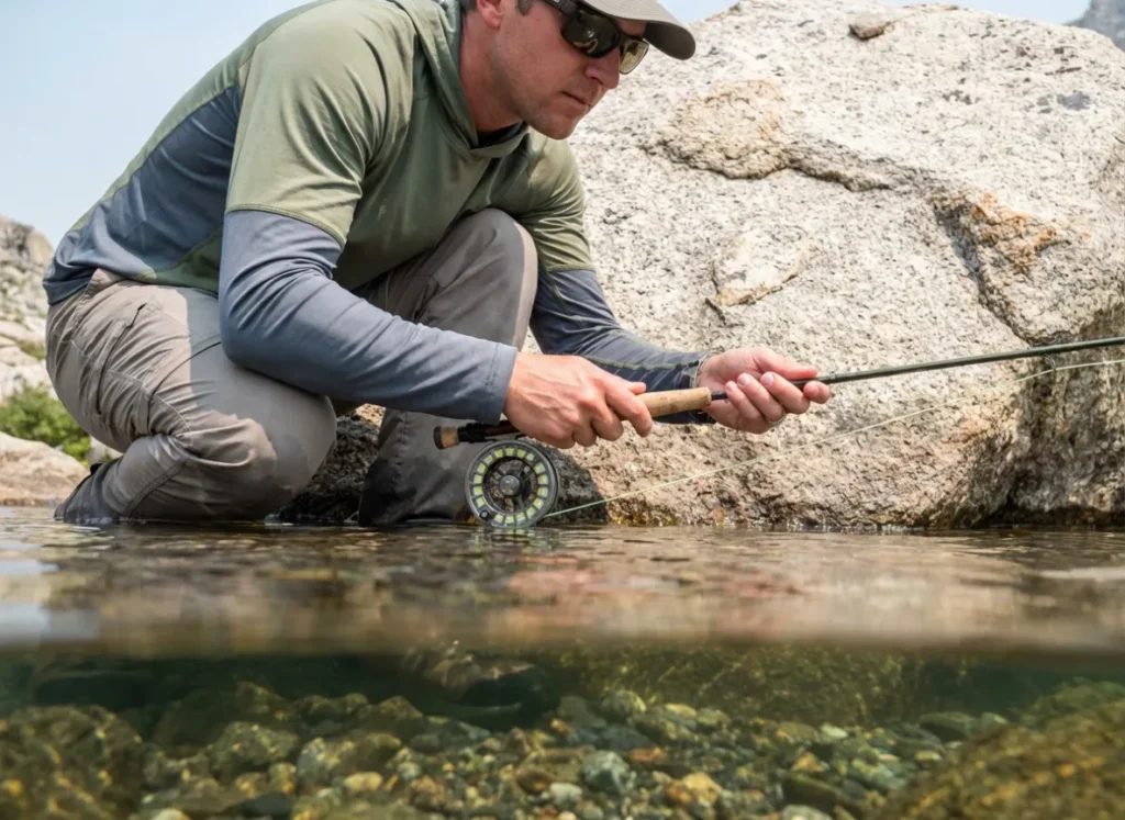 Angler crouching behind a rock to avoid detection by trout in crystal clear alpine water.
