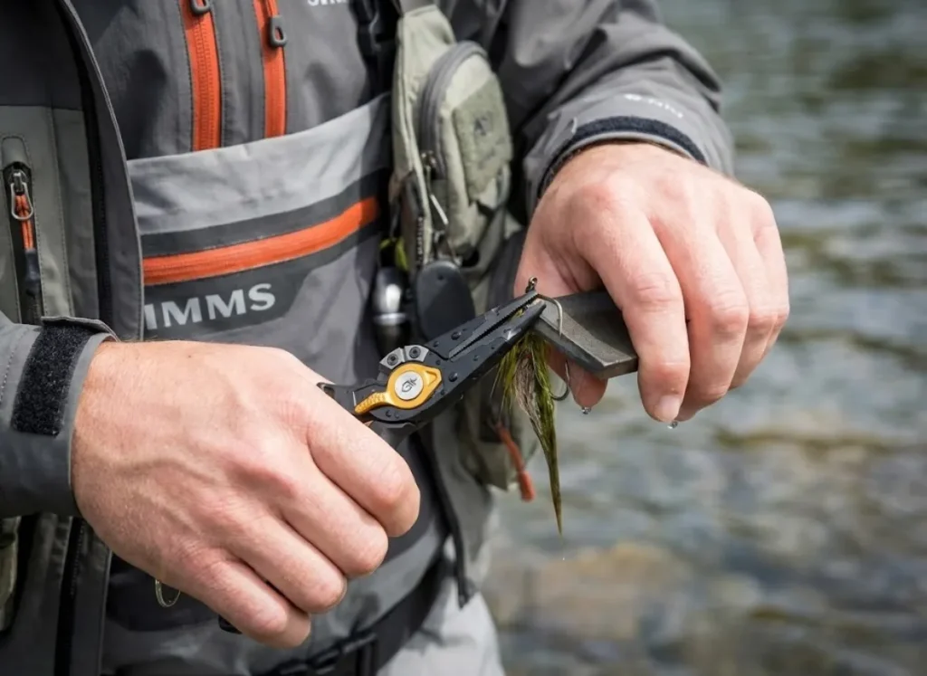 Angler in Simms waders using Gerber pliers to stabilize a hook while sharpening it in the river.