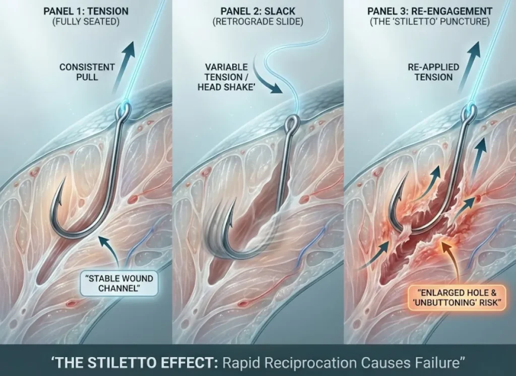 A three-panel semantic infographic illustrating the "Stiletto Effect" of a barbless hook in fish tissue. Panel 1 shows the hook seated under tension. Panel 2 shows the hook sliding backward during slack. Panel 3 shows tension reapplied, causing the hook to re-puncture at a new angle, enlarging the wound channel.
