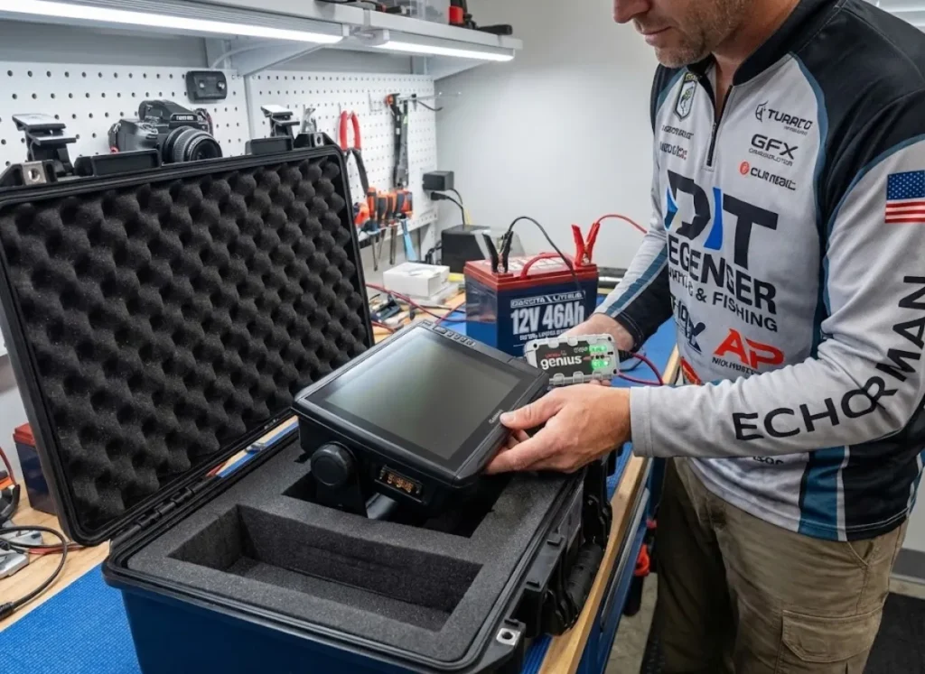 Storing a Garmin ECHOMAP sonar unit in a Pelican case next to a Dakota Lithium battery on a charger.