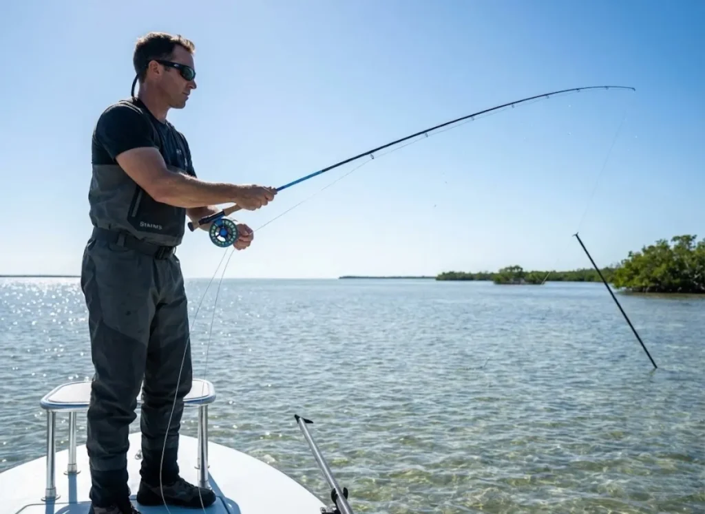 Angler stretching fishing line on a G. Loomis rod while wearing Simms gear to remove memory coils.