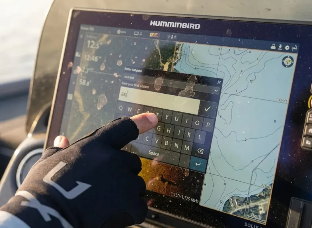 Close up of a finger in a Huk glove typing data into a Humminbird Solix chart plotter.