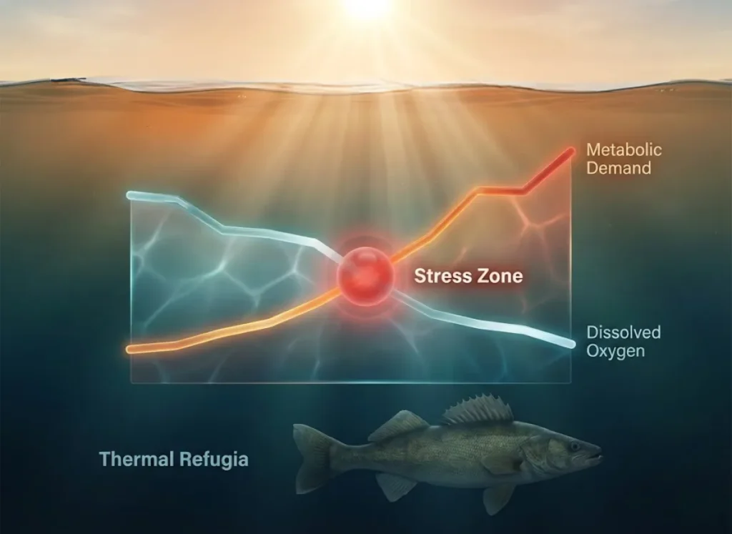 A split-level semantic infographic illustrating the relationship between water temperature and fish stress. An underwater cross-section shows a graph overlay where rising metabolic demand intersects with falling dissolved oxygen levels, creating a highlighted 'Stress Zone.' Large fish are depicted seeking deeper, cooler waters to survive.