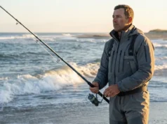 Ground-Level Guide to Reading Waves & Surf Fishing Troughs A professional angler in Simms gear standing on a beach at sunrise, holding a St. Croix surf rod and scanning the ocean waves for underwater troughs.