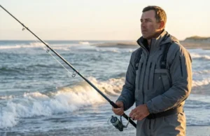 Ground-Level Guide to Reading Waves & Surf Fishing Troughs A professional angler in Simms gear standing on a beach at sunrise, holding a St. Croix surf rod and scanning the ocean waves for underwater troughs.