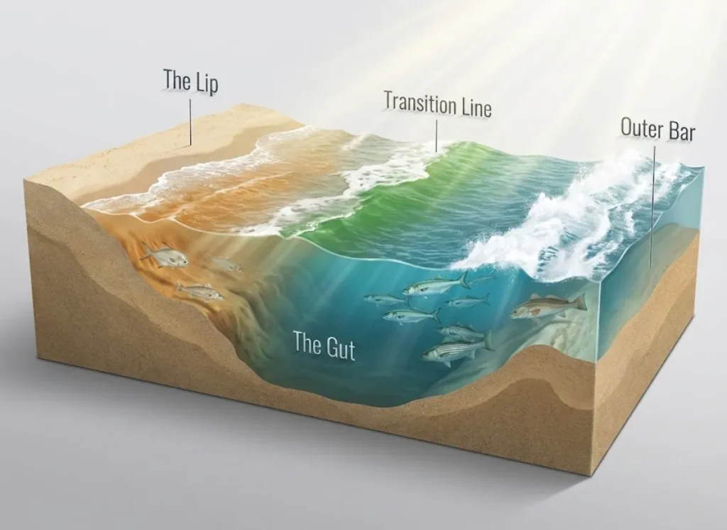 A 3D cross-section illustration of a surf fishing trough system. The diagram shows the underwater depth profile including the Lip, Gut, and Outer Bar. Specific fish species like Pompano, Bluefish, and Red Drum are positioned in their natural feeding zones under the water.