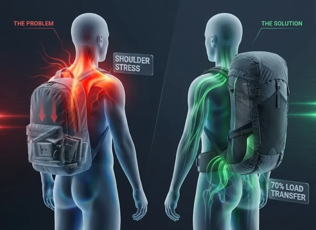 Split-screen anatomical diagram comparing backpack load distribution. The left side highlights red stress zones on the shoulders caused by a standard pack. The right side illustrates green energy flow lines transferring weight to the hips using a rigid frame system.
