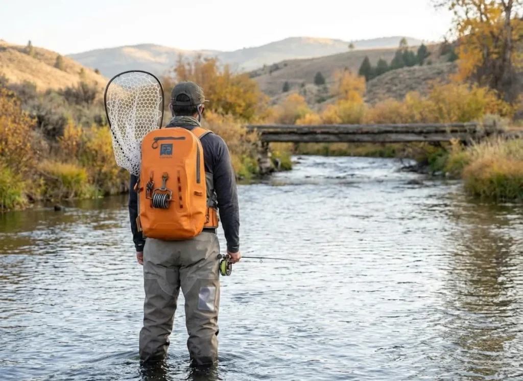 Fly fisherman wearing visibly patched Simms waders standing in a pristine river landscape.