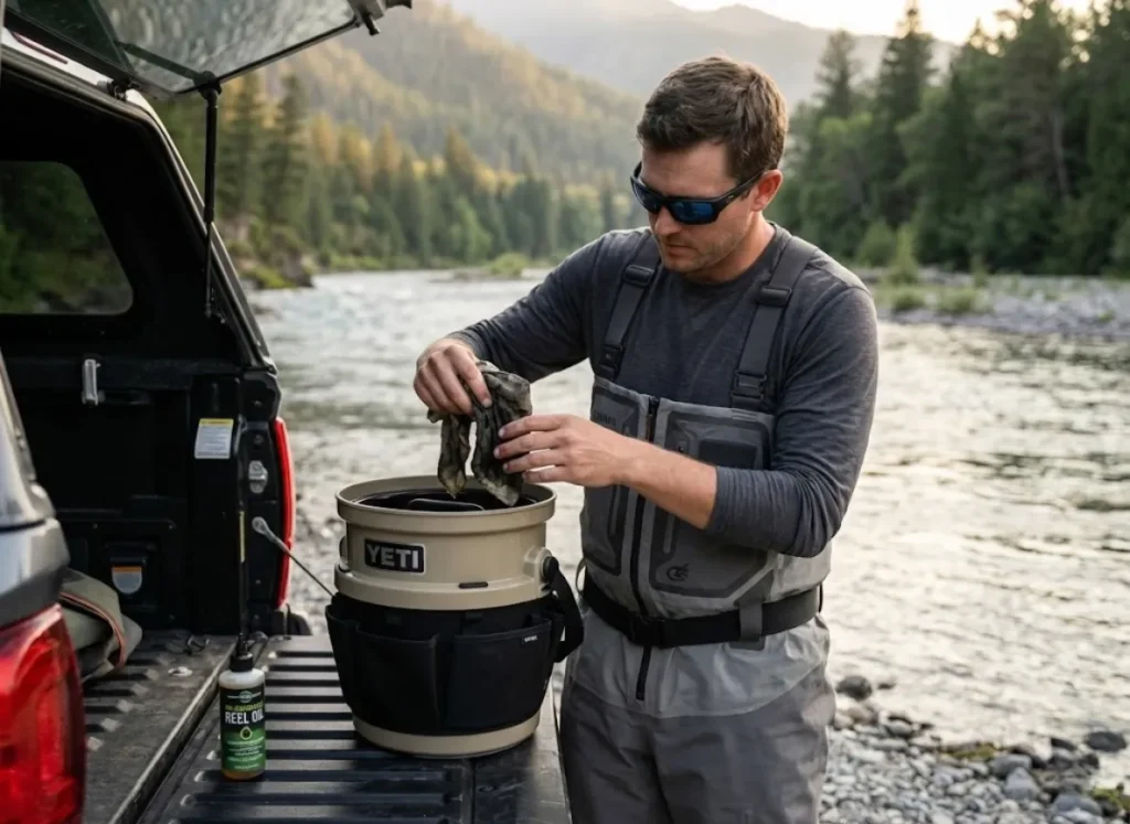 Angler in Simms waders responsibly disposing of oily rags in a Yeti bucket near a river.