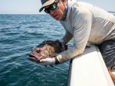 Swim Bladder Mechanics: Depth & Pressure Angler examining a fish suffering from barotrauma and pressure bloat next to a boat.