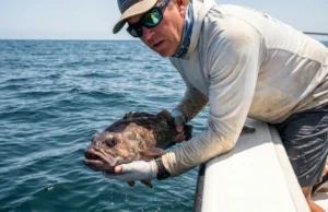 Swim Bladder Mechanics: Depth & Pressure Angler examining a fish suffering from barotrauma and pressure bloat next to a boat.