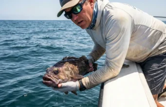Swim Bladder Mechanics: Depth & Pressure Angler examining a fish suffering from barotrauma and pressure bloat next to a boat.