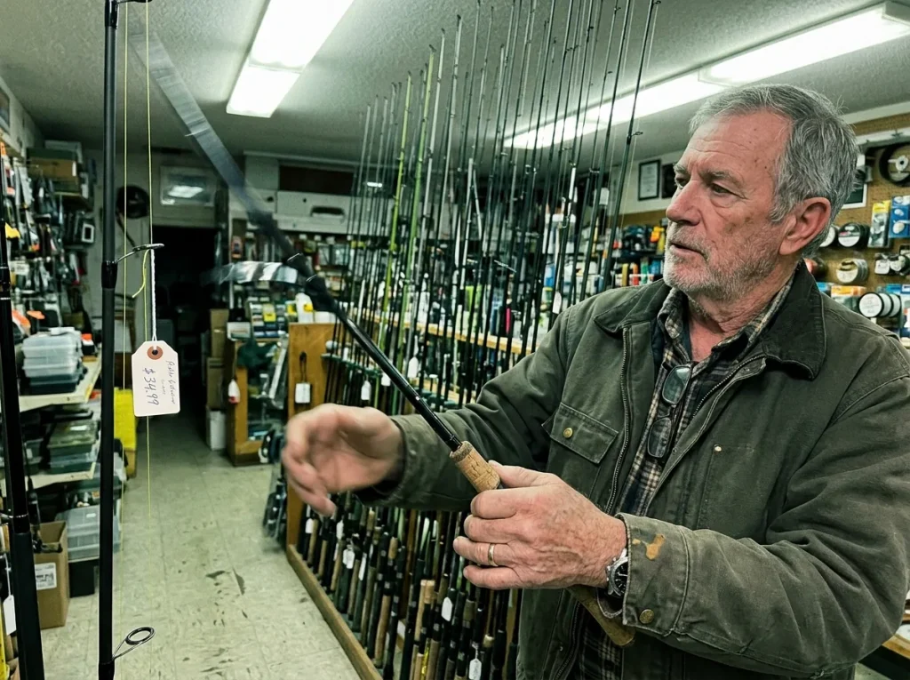 Angler flicking a rod tip at a tackle counter to feel modulus without a spec sheet